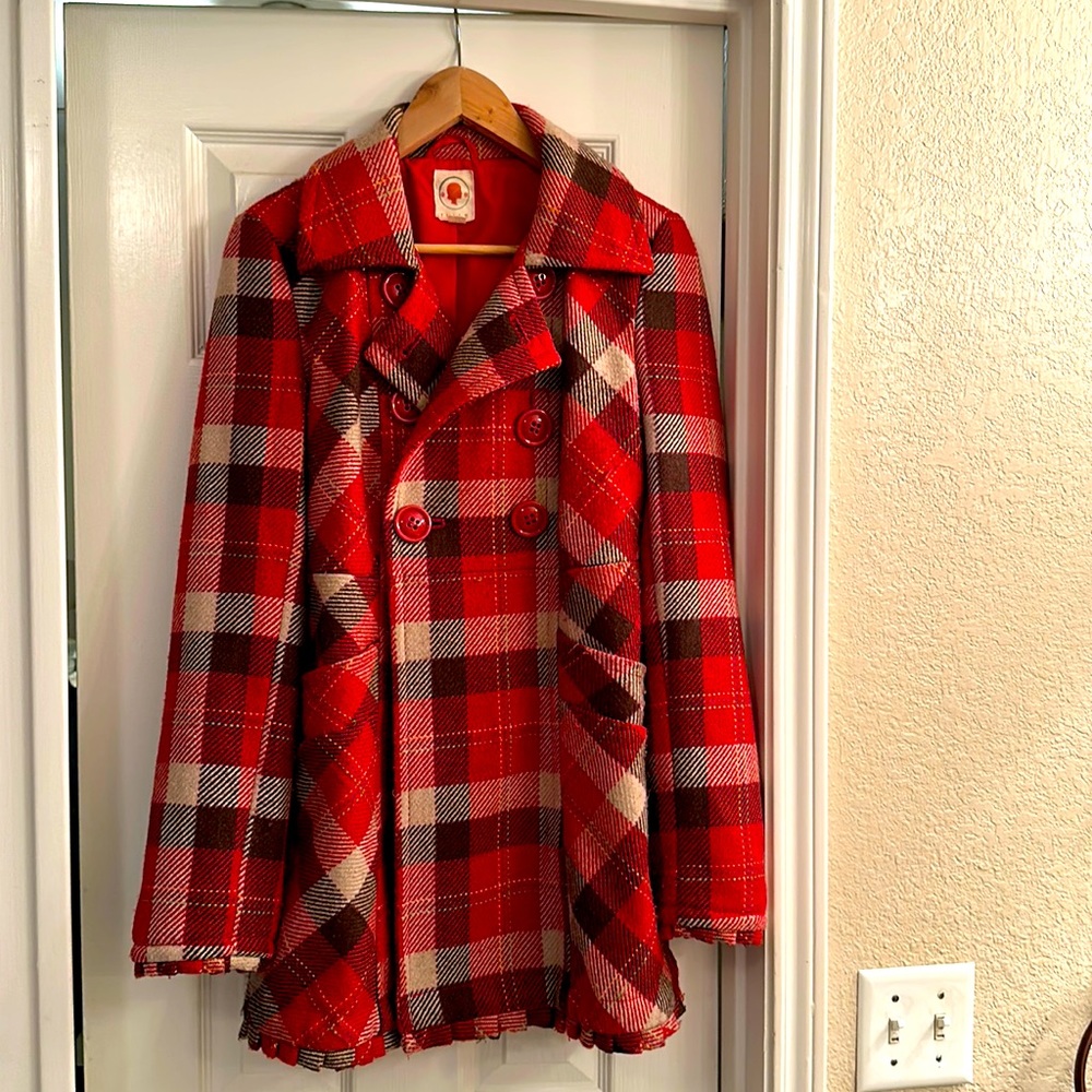 Women’s Red plaid wool pea coat